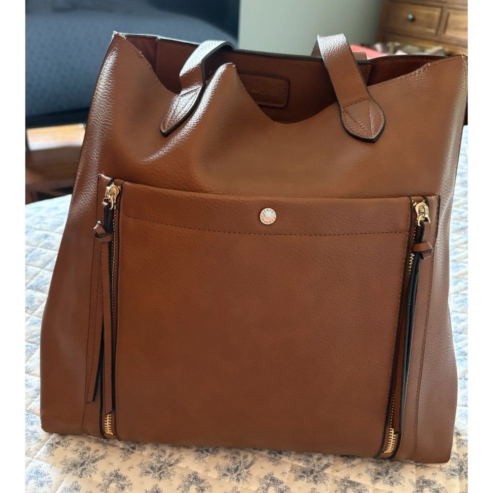 Steve Madden Vegan Leather Tote Bag Shoulder Bag Extra Pockets Chocolate Brown - Picture 2 of 5